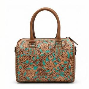 2026 New Arrival Luxury Hand-Tooled Full Floral Carved With Turquoise Green Stone <b>Studded</b> 100% Genuine Leather Speedy Duffle <b>Bag</b> - Product Image 2