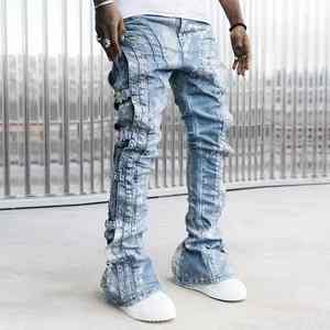 Jean en denim noir de haute qualité pour homme, style vintage coupe bootcut avec motif 3D et décoration diamant pour l'hiver - Product Image 4