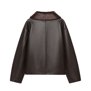 Veste en similicuir marron vintage de luxe pour femme avec col en fourrure, manteau d'hiver chaud et épais en peau de mouton, blouson bomber en cuir PU surdimensionné - Product Image 2