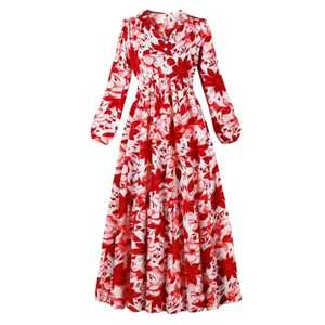 Robe longue décontractée en mousseline de soie à imprimé floral rouge pour femme, manches longues, col en V, manches bouffantes naturelles à volants, respirante, coupe trapèze - Product Image 1