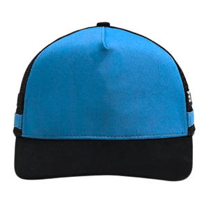 Casquette Trucker en gros, vierge, bicolore, 5 panneaux, profil moyen, visière plate, en maille bleue et noire unie, pour logo personnalisé et broderie - Product Image 1