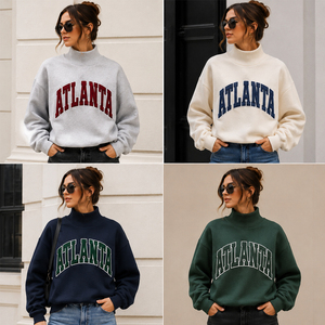 Custom Appliques Chenille Patchwork Atlanta Letter Print <b>Mock</b> <b>Neck</b> Graphic Sweatshirt Regular Fit Breathable 100% Cotton <b>Tops</b> - Product Image 3