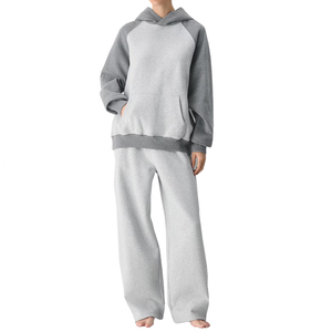 Conjunto Deportivo con Capucha para Mujer, Color Gris, Estilo Raglán, Manga Larga, Corte Holgado, Pantalones Casuales, Ropa de Otoño, 100% Algodón Transpirable - Product Image 1