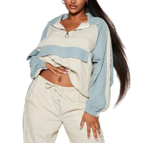 Ensemble de survêtement colorblock grande taille pour femme : veste coupe-vent à demi-zip et pantalon de sport - Product Image 5