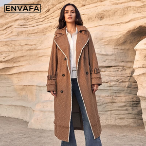 ENVAFA <b>Women</b> Long Trench <b>Coat</b> Woven Breathable <b>Double</b> <b>Breasted</b> Turn-down Collar Casual Autumn Outerwear Solid Color Full Sleeve - Product Image 3