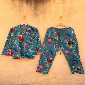 <b>Beautiful</b> Floral Woven Cotton Pajama Set Long Sleeve Full Length Elastic Waist Turn-down Collar Summer Sleepwear Casual women - Product Image 1