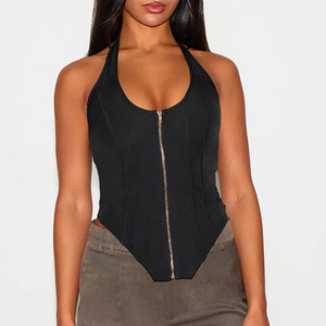 Top corsé negro de alta calidad para mujer con cuello halter, bajo asimétrico, con cremallera, sin mangas, ajustado, moldeador, estilo bodycon, top de moda. - Product Image 1