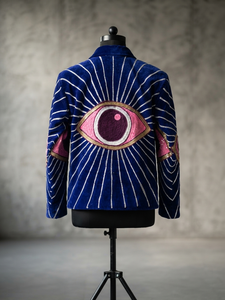 OEM Custom <b>Women</b> Eye Embroidered Purple Velvet Jacket Boho Short Open Front <b>Coat</b> Vintage Winter Ethnic Outerwear Wholesale - Product Image 4