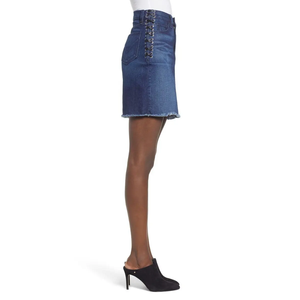 Medium Blue Seamed High Waist <b>Denim</b> Mini <b>Skirt</b> Cotton Stretch Structured Slim Fit Summer Casual Premium Jean <b>Skirts</b> - Product Image 3