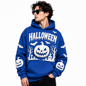 Sudadera con Capucha Personalizada con Gráficos 3D de Halloween para Hombre, Sudadera Azul Rey con Estampado de Calabazas, Murciélagos y Cementerio, de Algodón y Felpa, Estilo Casual - Product Image 1