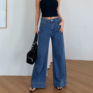 Jeans de Mezclilla de Alta Calidad para Mujer, Pierna Ancha, Azul Índigo, Cintura Alta, Corte Regular, Estilo Urbano, con Agujeros - Product Image 5