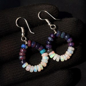 Natural Black White Ethiopian <b>Opal</b> Beads <b>Earrings</b>, 14K Silver & Gold Gift For Her - Product Image 2