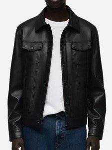Mens <b>Sheepskin</b> Black Leather Trucker <b>Jacket</b> - Product Image 1