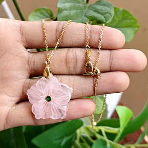Crystal healing jewelry natural rose quartz <b>with</b> emerald zircon floral carved pendant necklace 18k gold plated designer necklace - Product Image 4