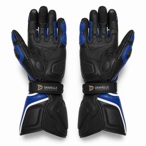 DRAVELLE INDUSTRY Racing Gloves Full Finger Leather Blue Black Adjustable Wrist <b>Strap</b> Hook And Loop Closure Outdoor Riding - Product Image 2