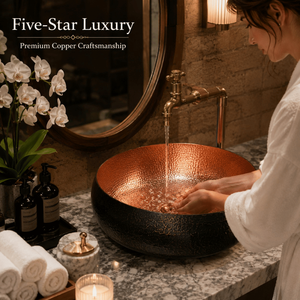 Handcrafted Dual Tone Hammered Copper Vessel Wash <b>Basin</b> <b>Round</b> Luxury Countertop Bathroom Sink Designer <b>Basin</b> for Home Hotel - Product Image 3