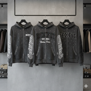 เสื้อฮู้ดดี้ผลิตจากโรงงานโดยตรง ประดับด้วยคริสตัล ปักลายแบบดิสเทรส ผ้าเฟรนช์เทอร์รี่ สไตล์สตรีทแวร์ ล้างสีแบบแอซิดวอช ทรงหลวม ไหล่ตก ซิปหน้า - Product Image 2