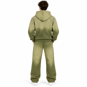 <b>Men</b>’s Olive <b>Green</b> Rhinestone Zip Up <b>Hoodie</b> Wide Leg Jogger Set Premium Streetwear Tracksuit - Product Image 3