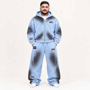 Distressed Unisex Tracksuit Custom <b>Full</b> <b>Zip</b> <b>Hoodie</b> Wide Leg Sweatpants Two Piece Fleece Set with Printed Graphic Work - Product Image 1