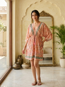 Peach Floral Printed <b>Short</b> <b>Kaftan</b> Dress V Neck Kimono Sleeve Drawstring Waist Tassel Bohemian Dubai Modest best summer wear - Product Image 1