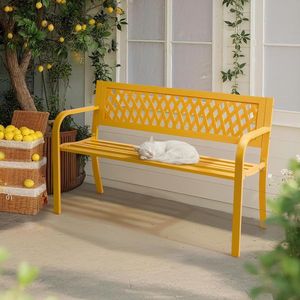 Panca da Esterno in Ferro Giallo con Schienale in Rete PVC da 47 Pollici, Stile Contemporaneo Anticato, Resistente alle Intemperie - Product Image 6