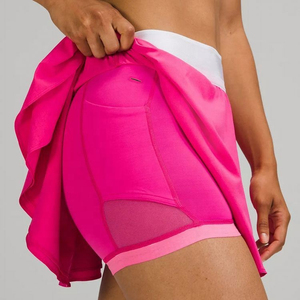 Women's Pink Pleated Mini <b>Skirt</b> Solid Color High Waist <b>Elastic</b> Band Sporty A-Line Satin Woven Polyester Summer <b>Skirt</b> - Product Image 4