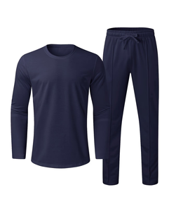 Men's Navy Blue Long Sleeve T-Shirt And Pants Set Crew Neck Solid Color Casual Knitted Quick Dry Autumn Wear made in Bangladesh - Product Image 1
