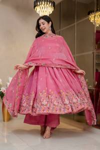 Conjunto de vestido Anarkali de la mejor calidad con palazzo y dupatta, en seda suave y texturizada con bordados, lentejuelas y trabajo de hilo, vestido listo para usar. - Product Image 3