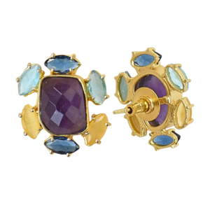 Boucles d'oreilles clous en améthyste faites à la main, plaqué or 18 carats, laiton, géométriques, classiques, pour soirée, vente en gros - Product Image 2