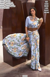 Blue Petal Grace Wedding Diwali <b>Satin</b> Crepe Wrinkle Free Moisture Wicking Saree - Product Image 2