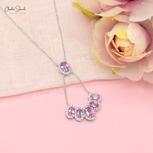 Collier Y en or blanc pur 14 carats avec halo de saphir rose taille ovale 2,47 CTW et diamants, pour femme – Meilleure vente - Product Image 5