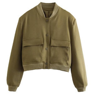 Crop Street Bomber Jacket Mujer Casual Button Up Color sólido Varsity Bomber Jacket con dos bolsillos grandes - Product Image 1