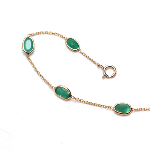 Natural Green Emerald Bezel Station <b>Bracelet</b> in Solid 18K Yellow Gold Round <b>Gemstone</b> Link Chain with Adjustable Clasp - Product Image 2