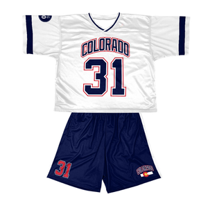 Ensemble d'uniformes de football américain personnalisés, maillot et short d'équipe bleu marine et orange, vêtements de sport respirants en polyester, OEM - Product Image 2