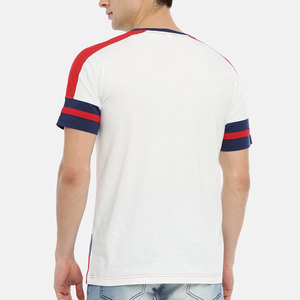 Camiseta de Manga Corta para Hombre, Cuello Redondo, Blanca, Roja y Azul Marino, con Ribete en Contraste, Bloques de Color, Corte Regular Informal, Tejida, 100% Algodón - Product Image 3