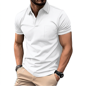 Polo de Manga Corta Negro para Hombre con Bolsillo, Color Sólido, Diseño Casual de Algodón Transpirable, Corte Regular - Product Image 5