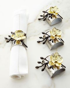 Anillos de servilleta de metal con diseño de orquídea dorada, muy vendidos, juego de 4 para decoración de mesa de comedor de lujo para bodas - Product Image 1