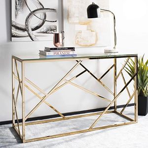 <b>Mirror</b> finish metal console <b>table</b> with glass <b>top</b> adds reflective beauty to elegant bedroom or hallway furniture decor - Product Image 3