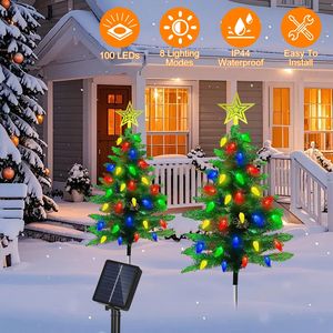 2-Pack 37.4in Height Solar Christmas <b>Tree</b> 100 Colorful LED Beads 8 <b>Lighting</b> Modes IP44 Waterproof Outdoor Xmas Decoration - Product Image 1