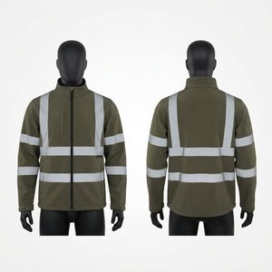 Premium Polyester Work <b>Jacket</b> 220gsm Canvas Olive Green Hooded Waterproof Breathable <b>Silver</b> Reflective Tape Custom Logo Men - Product Image 1