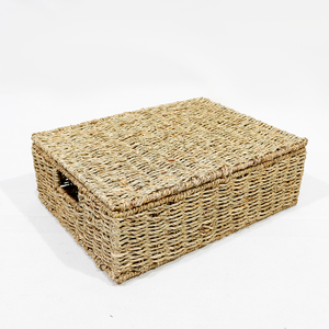 Handwoven Seagrass <b>Storage</b> <b>Basket</b> with Lid <b>Rectangular</b> Natural Woven Organizer for Bathroom Bedroom Kitchen Home Office - Product Image 3