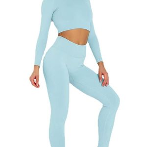 Breathable Solid Seamless Yoga Clothing Long Sleeve <b>Crop</b> <b>Top</b> High Waist Leggings Set with Front Logo Light Blue - Product Image 4