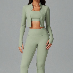 Leggings de sport pour femmes, veste de yoga avec fermeture éclair, haut court côtelé pour l'entraînement, ensemble short de yoga, respirant, léger, à carreaux - Product Image 2