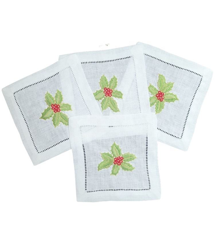 100% 白リネンカクテルナプキン刺繍入りクリスマスホリーリーブ