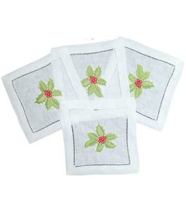 Servilleta de cóctel de lino blanco 100% hecha a mano con diseño de hoja de acebo de Navidad bordado para eventos de Hotel o Bar en casa - Product Image 1