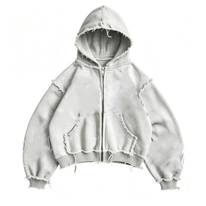 Sweat-shirt à capuche zippé oversize 100 % coton tricoté, coupe courte, unisexe, décontracté, pour l'automne, couleur unie, avec poches - Product Image 1