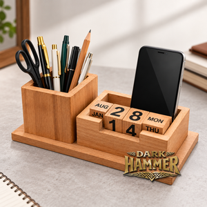 Handcrafted <b>Wooden</b> <b>Desk</b> Organizer with Pen Holder Perpetual Block Calendar and Mobile Phone Stand for Office and Home Workspace - Product Image 1
