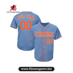 Maillot de baseball personnalisé bleu clair et orange, impression sublimée, unisexe, adulte, manches courtes, respirant, col en V - Product Image 1