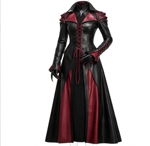 Abrigo largo de cuero negro y rojo para mujer con encaje frontal y paneles rojos en contraste, manga larga, cuello alto, ropa de abrigo de invierno. - Product Image 1