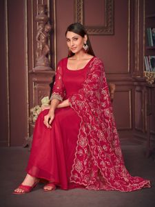 Ensemble Anarkali Rose de Luxe Premium pour Femme, Manches 3/4, en Santoon et Tulle, Semi-Couture, Extensible, Séchage Rapide, Idéal pour Fêtes et Mariages - Product Image 3